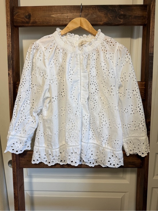 Jennifer And Grace Tops - Jennifer & Grace White Eyelet Ruffle-Neck Blouse with Button Back